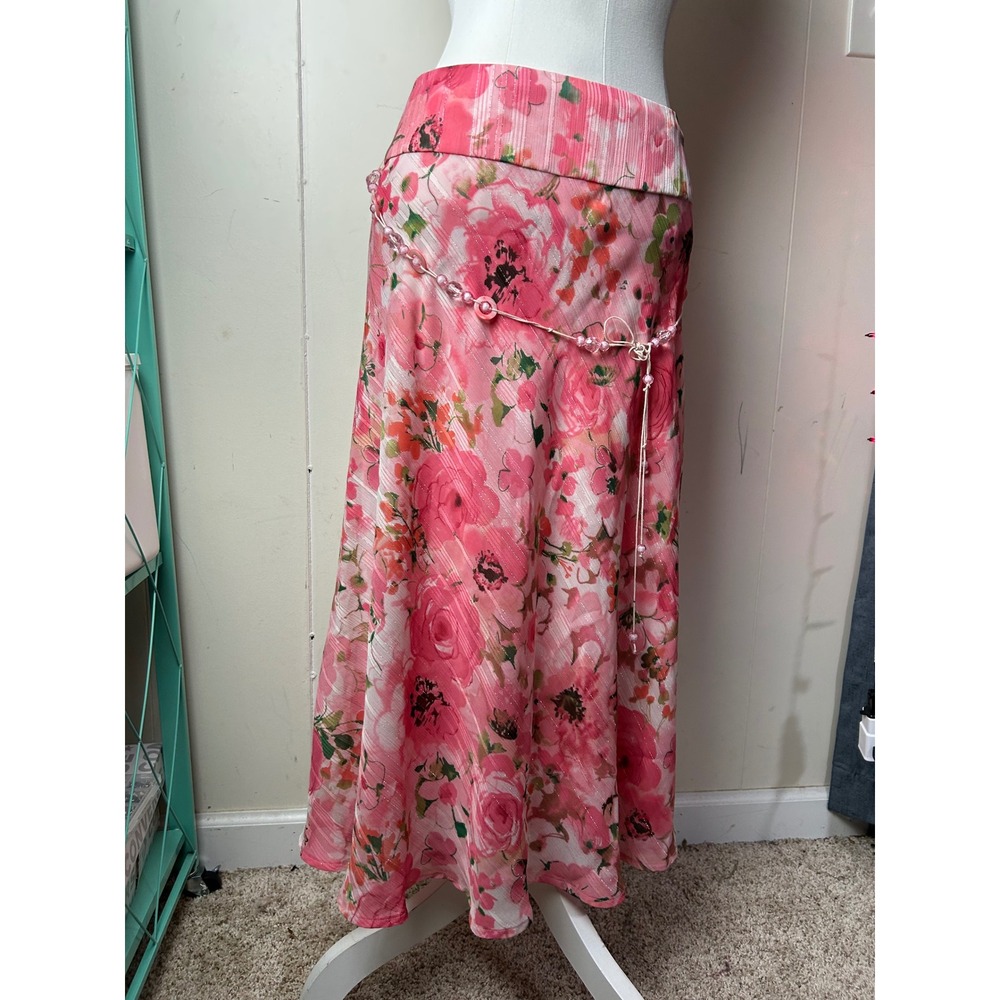 Y2K Pink Floral Midi Skirt Beaded 8 Fairy Coquette Graden Romantic Cottagecore - Picture 8 of 9